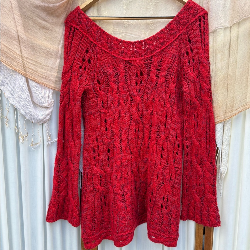 Free People Red Cable Knit Off the Shoulder Tunic Sweater - Picture 3 of 7